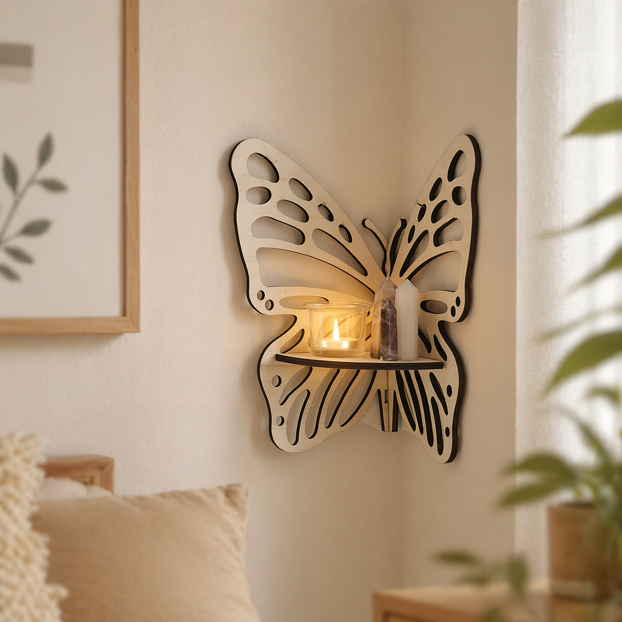 Wooden Butterfly Corner Floating Shelf - Crystal Display Racks for Wall Decor - Goth Skull Moth, Lotus, & Boho Animal Hanging Organizer Shelves