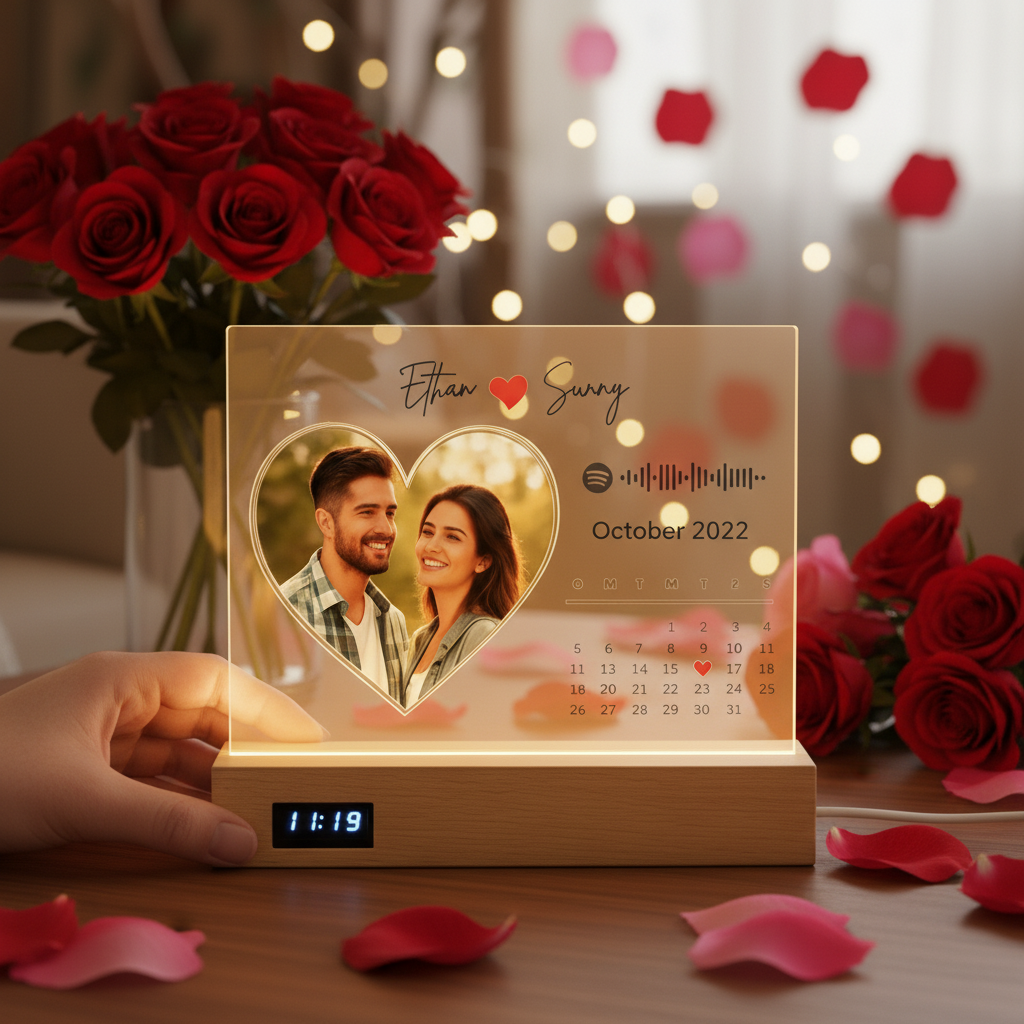 Custom Clock Music Night Light - Personalized Heart Photo Valentine's Day Gift Acrylic Calendar with Spotify Code for Couples