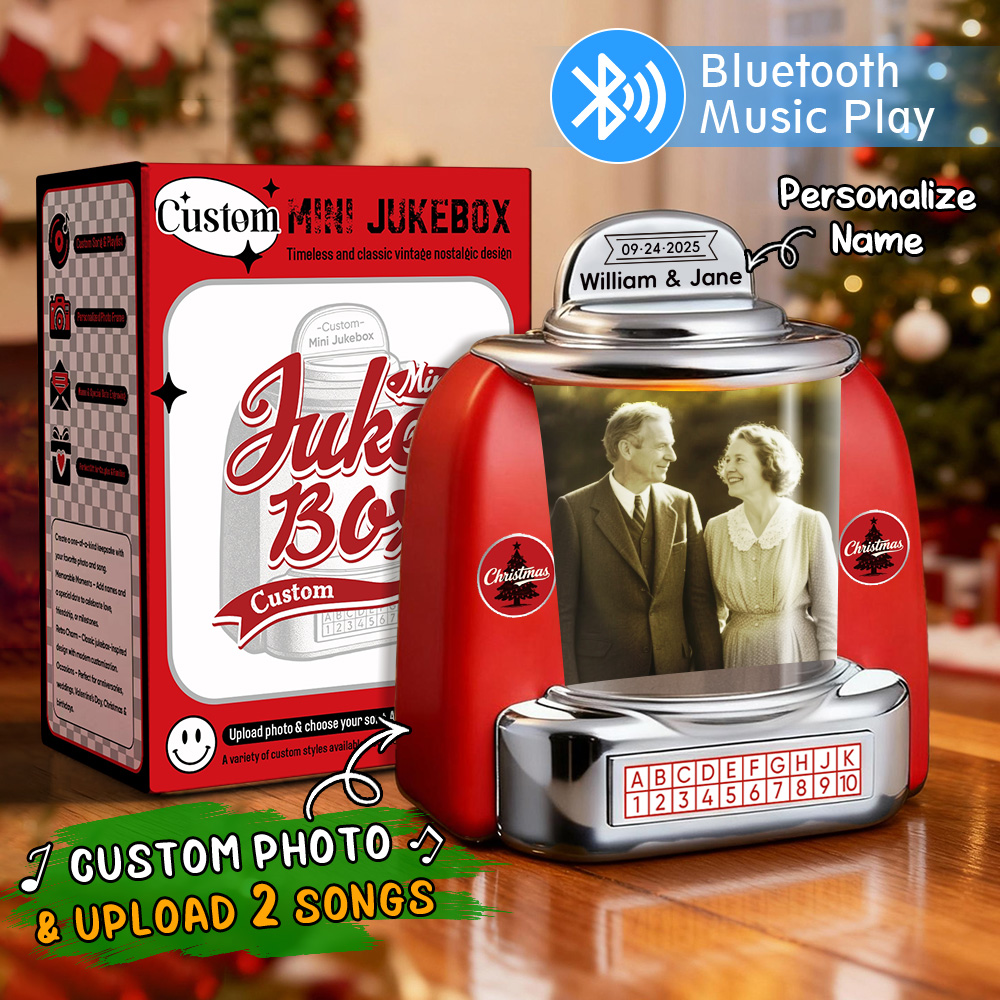 Custom Mini Jukebox Retro Speaker – Personalized Photo & 2 Songs Mini Player with Radio | Vintage Tabletop Home Decor Nostalgic Gift - MySpotifyGlass