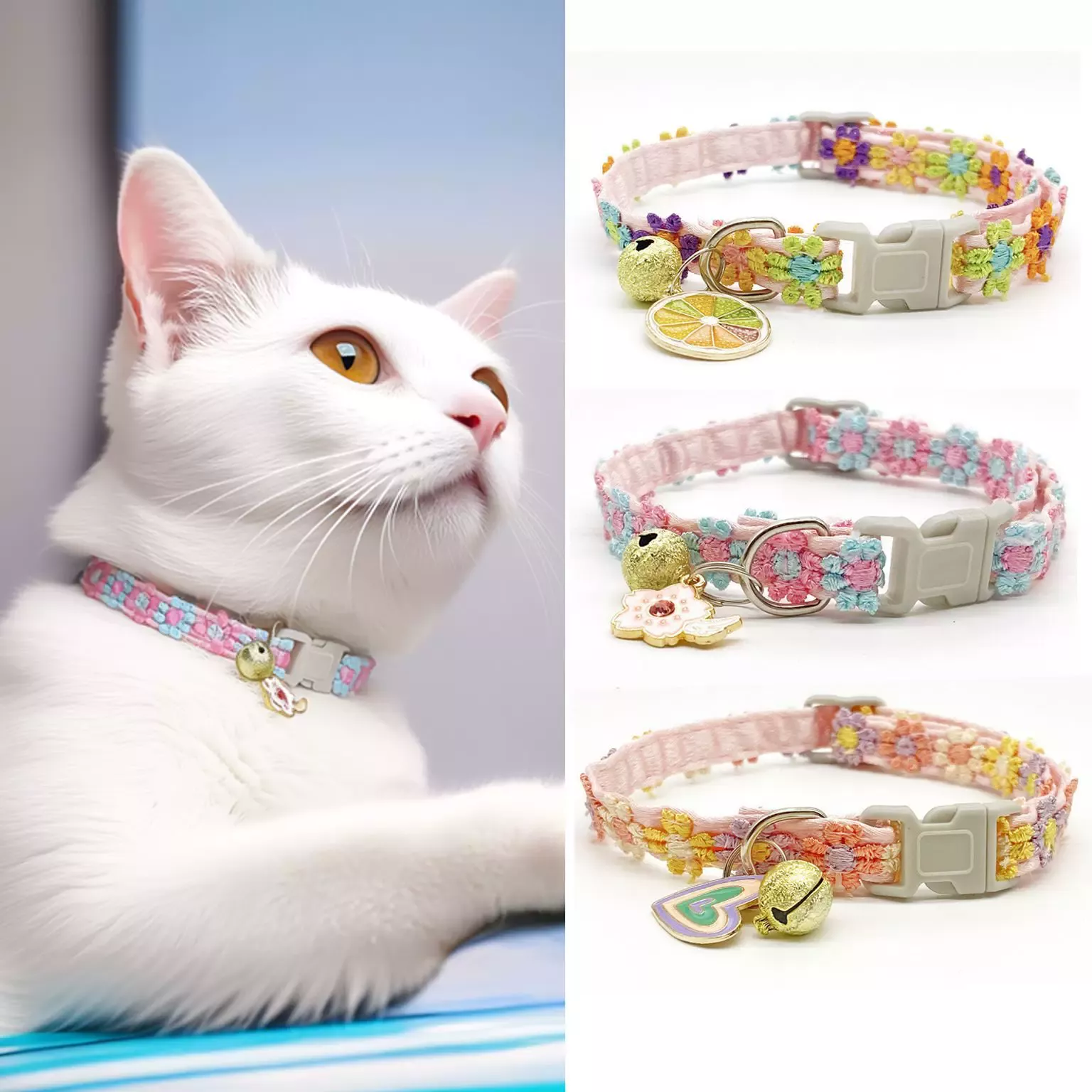 Adjustable Pet Necklace with Rainbow Lace Flower and Bell, Cat Collar with Colorful Floral Charm, Kitten Small Dog Jewelry for Photography Gifts, Cute Spring Summer Accessory - MySpotifyGlass