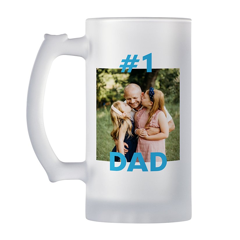 Custom Photo Father's Day Beer Mug - Personalized "#1 Dad" Frosted Glass Beer Stein, 2D Flat Print Custom Picture Beer Glass Gift for Dad, Husband