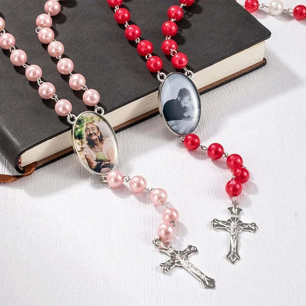 Custom Rosary Beads Cross Multi-Color Necklace Personalized Necklace with Photo Memorial Gift for Women -