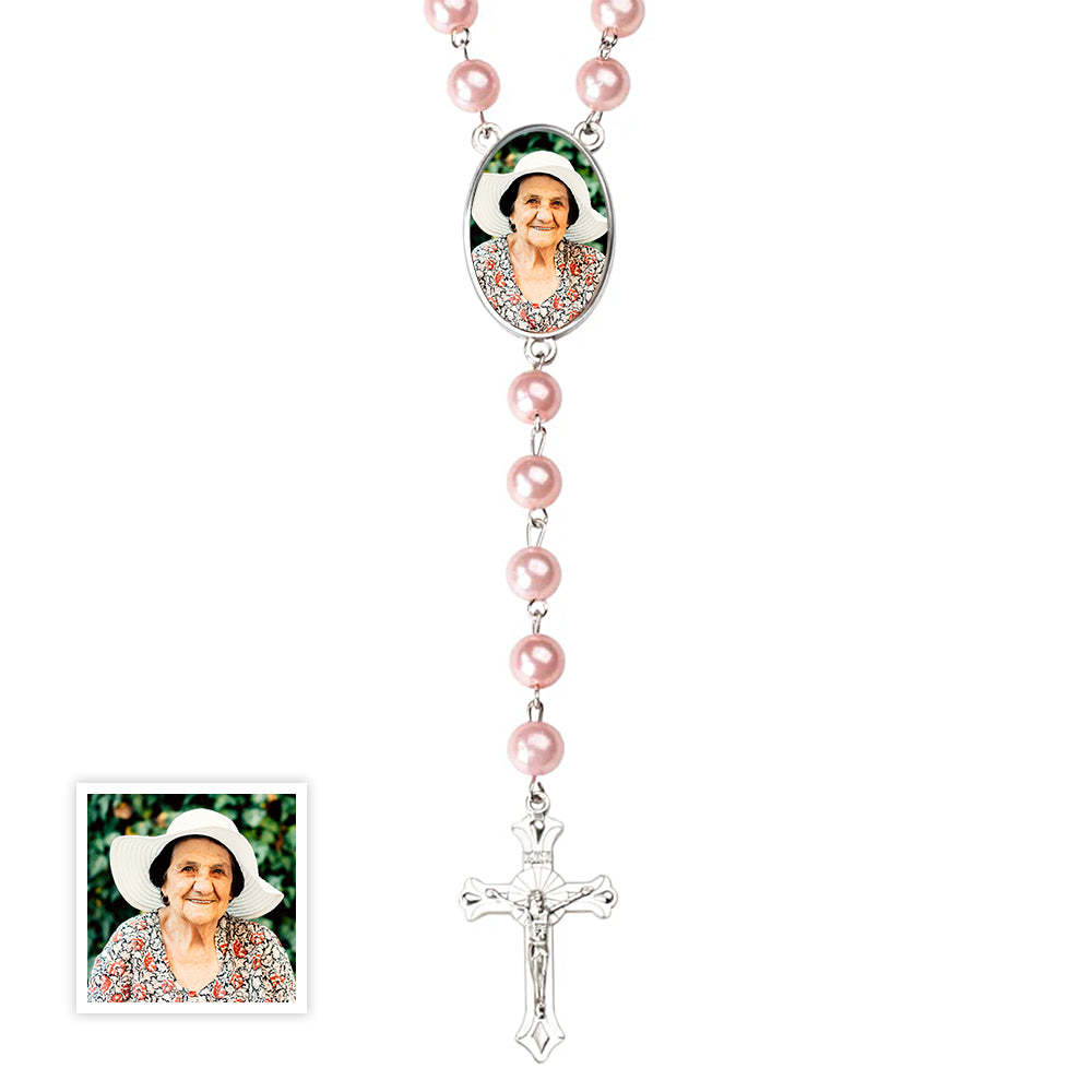 Custom Rosary Beads Cross Multi-Color Necklace Personalized Necklace with Photo Memorial Gift for Women -