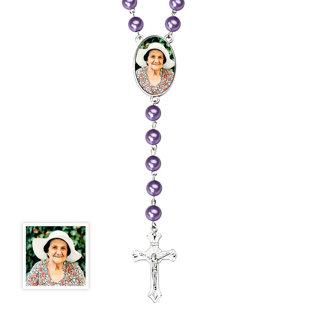 Custom Rosary Beads Cross Multi-Color Necklace Personalized Necklace with Photo Memorial Gift for Women -