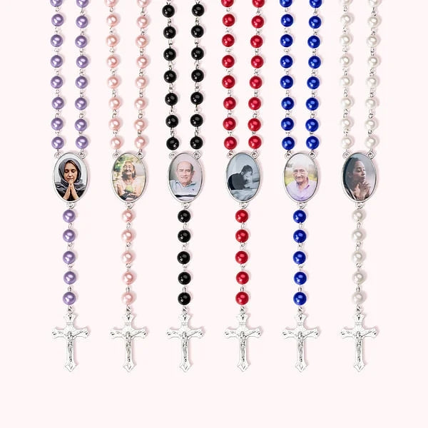 Custom Rosary Beads Cross Multi-Color Necklace Personalized Necklace with Photo Memorial Gift for Women -