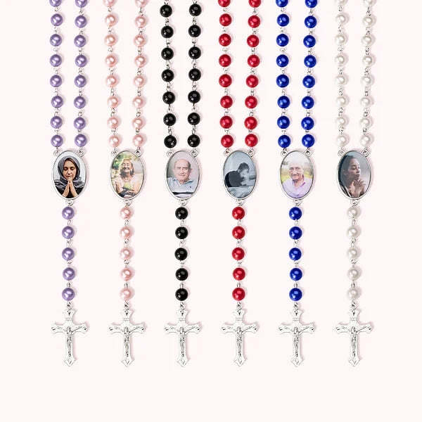 Custom Rosary Beads Cross Multi-Color Necklace Personalized Necklace with Photo Memorial Gift for Women -