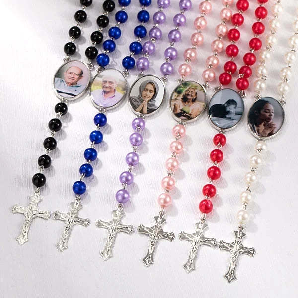 Custom Rosary Beads Cross Multi-Color Necklace Personalized Necklace with Photo Memorial Gift for Women -