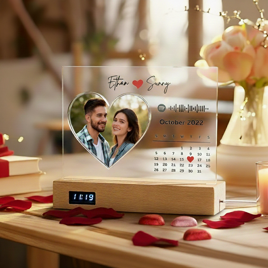 Custom Clock Music Night Light - Personalized Heart Photo Valentine's Day Gift Acrylic Calendar with Spotify Code for Couples