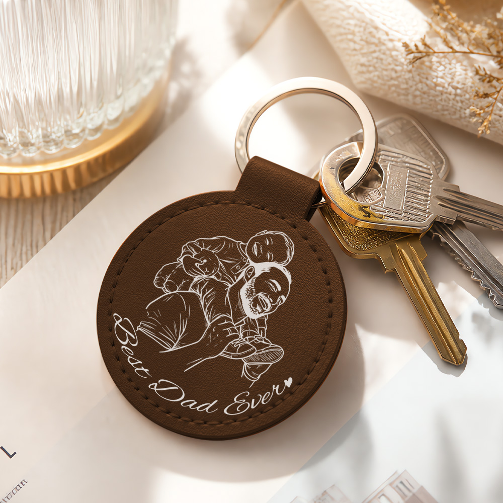 Custom Photo Pencil Sketch Best Dad Ever - Personalized Custom Shaped Leather Keychain - MySpotifyGlass