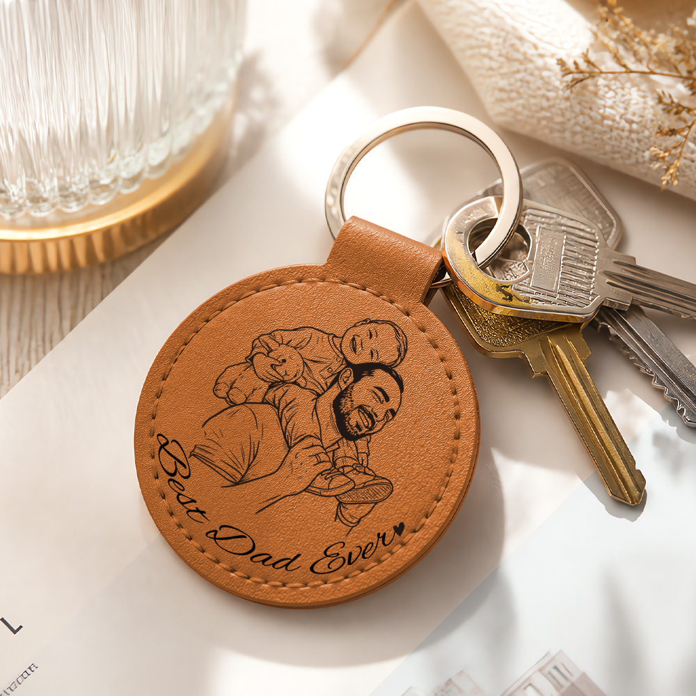 Custom Photo Pencil Sketch Best Dad Ever - Personalized Custom Shaped Leather Keychain - MySpotifyGlass