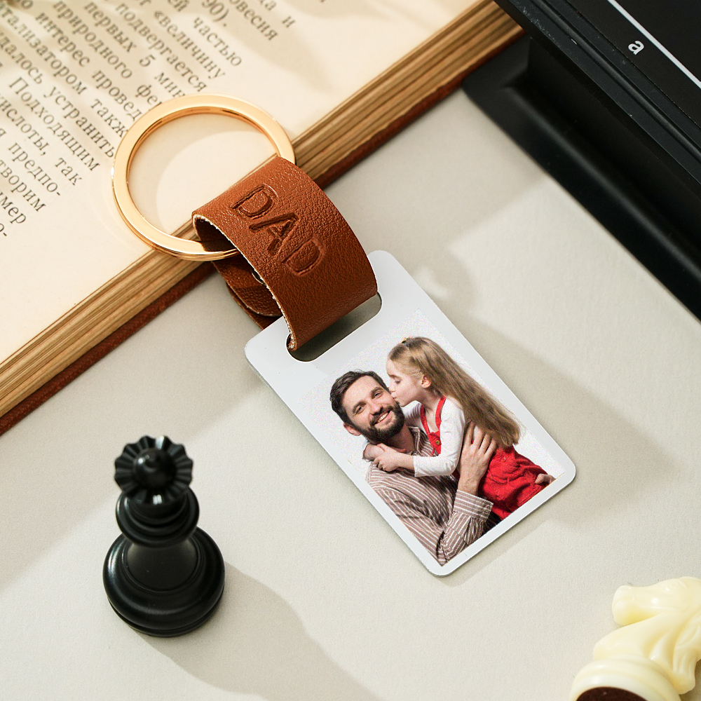 Personalised Dad Photo Keyring Custom Leather Photograph Keychain Father's Day Gift For Him