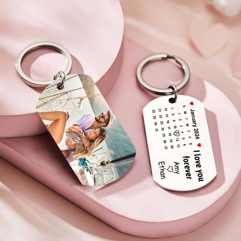 Custom Photo Forever Love Calendar Spotify Keychain Personalized Stainless Steel Keychain Gift for Lover