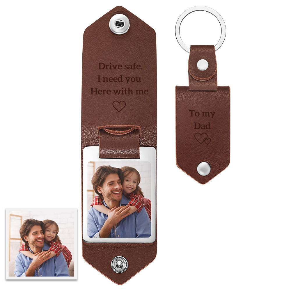 Custom Photo and Text Leather Photo Keychain Father's Day Gift