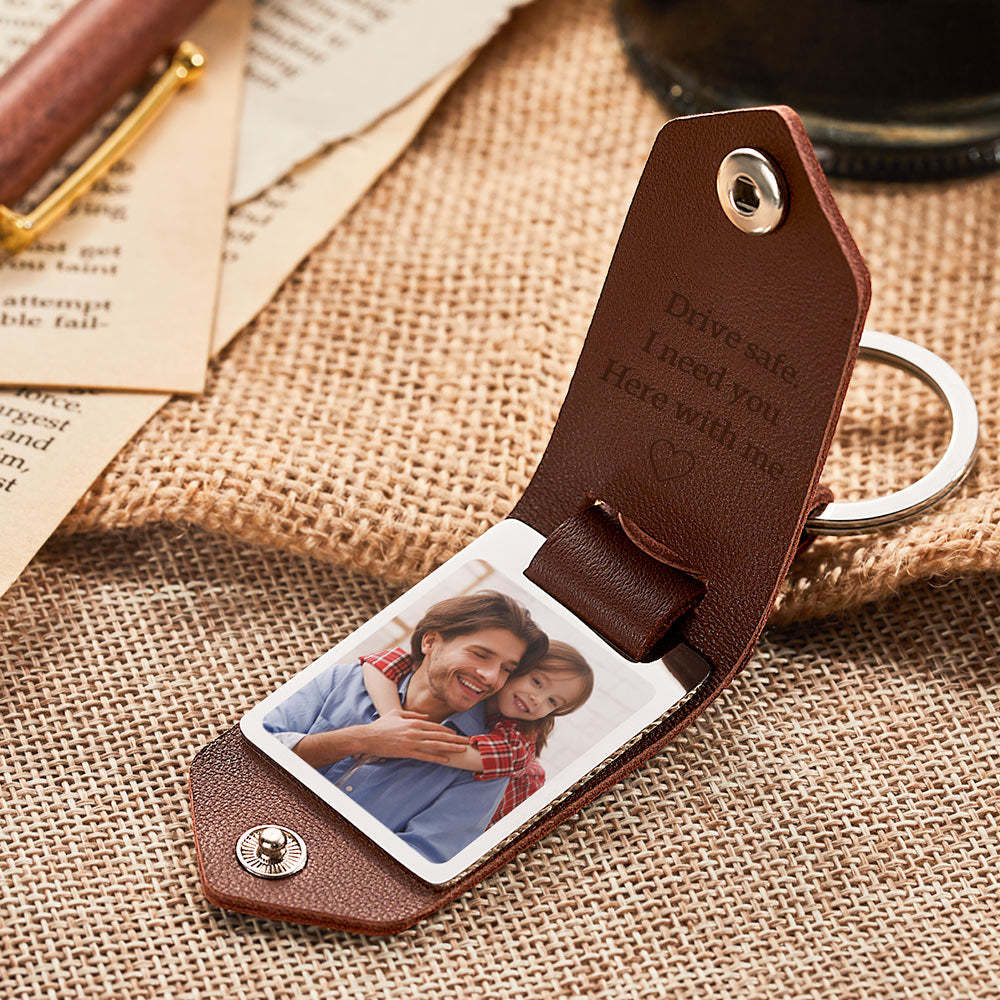 Custom Photo and Text Leather Photo Keychain Father's Day Gift