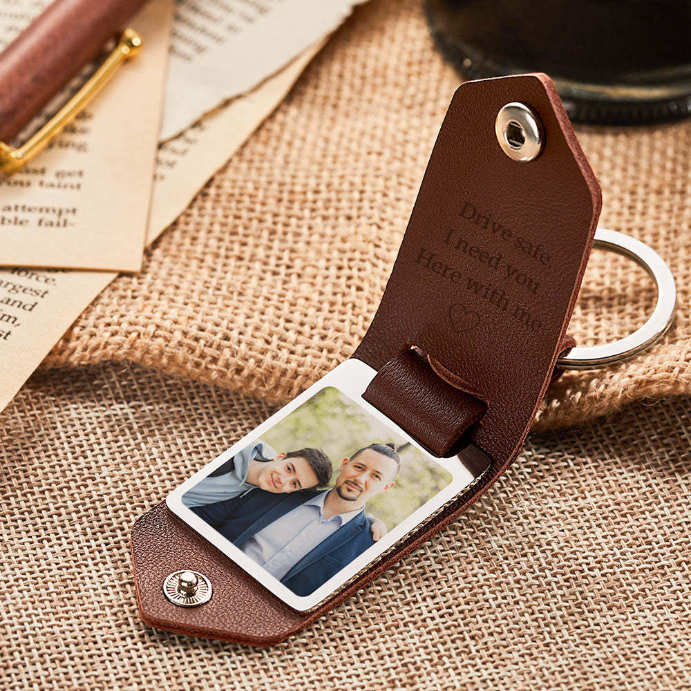 Custom Photo and Text Leather Photo Keychain Father's Day Gift