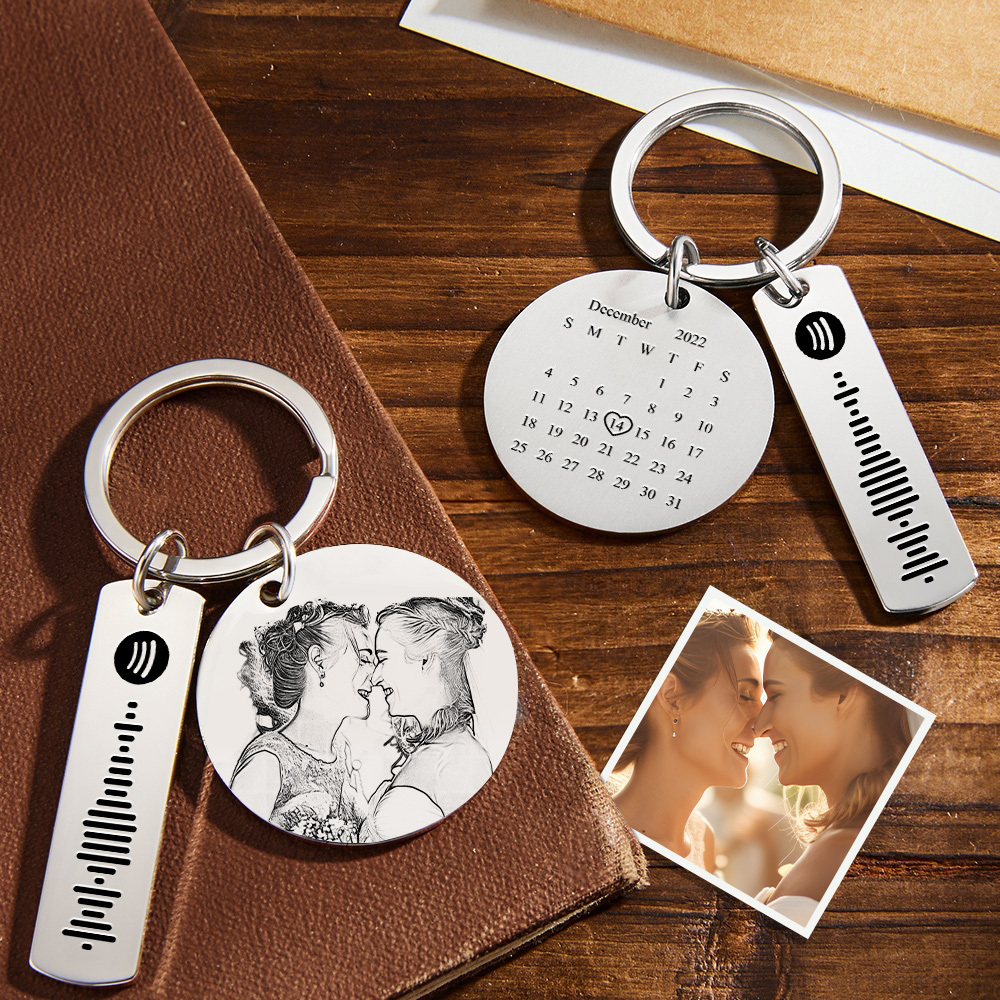 Custom Pride Gifts Personalized Spotify Stainless Steel Photo Calendar Keychain LGBT Gift