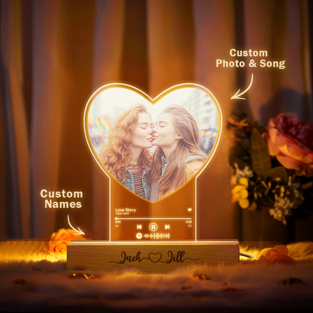 Custom Pride Gifts Personalized Photo Heart Shaped Acrylic Lamp Custom Night Light with Engraved Wood Base