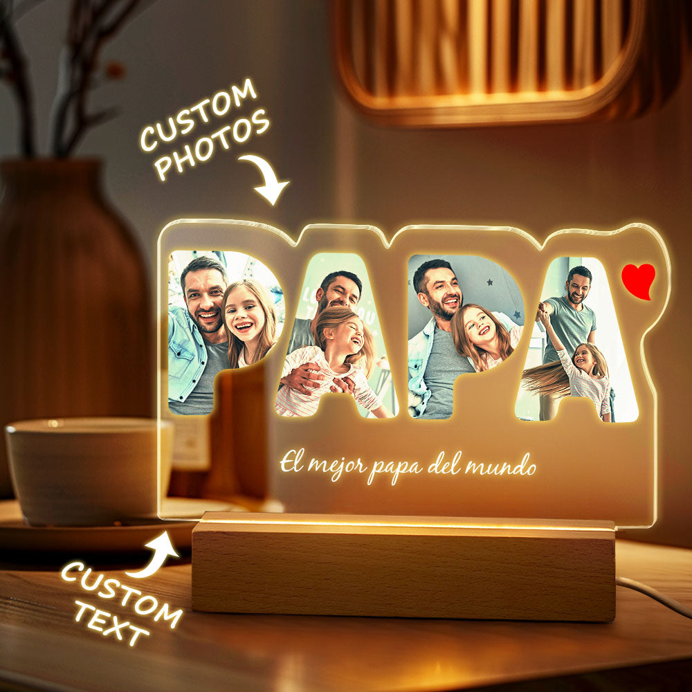 Custom Photo PAPA Night Lamp Personalized Acrylic LED Night Light with Text Father's Day Gifts For Him -