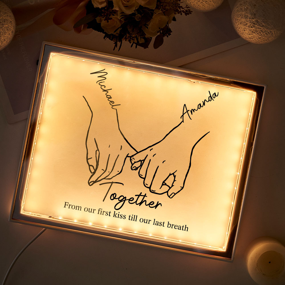 Custom Holding Hands Forever Love Mirror Light with Names and Text Personalized Romantic Gift for Lovers