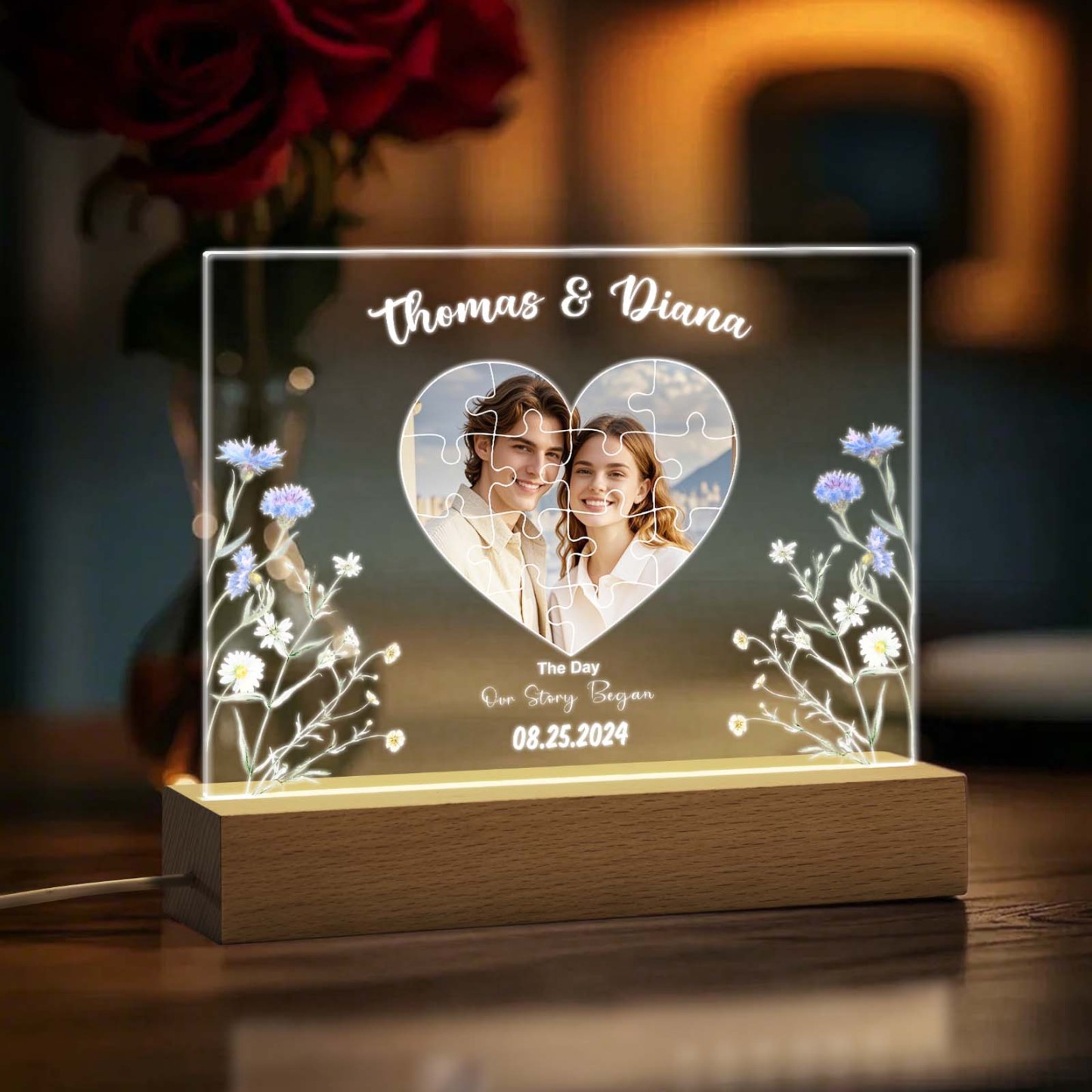 Personalized Found My Missing Piece Night Light Custom Photo Flowers of Love Acrylic Decor Couples Gifts