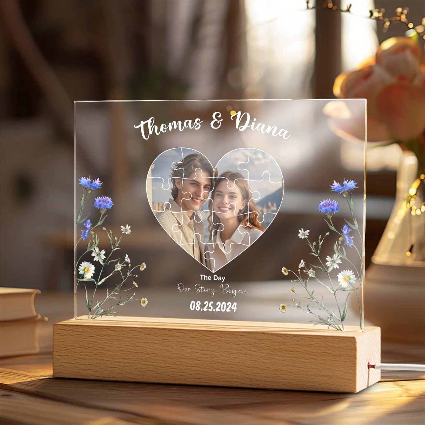 Personalized Found My Missing Piece Night Light Custom Photo Flowers of Love Acrylic Decor Couples Gifts