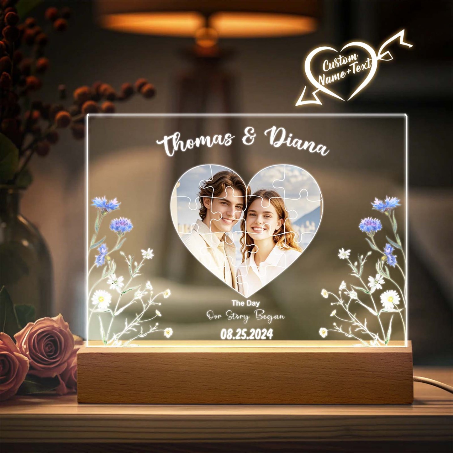 Personalized Found My Missing Piece Night Light Custom Photo Flowers of Love Acrylic Decor Couples Gifts
