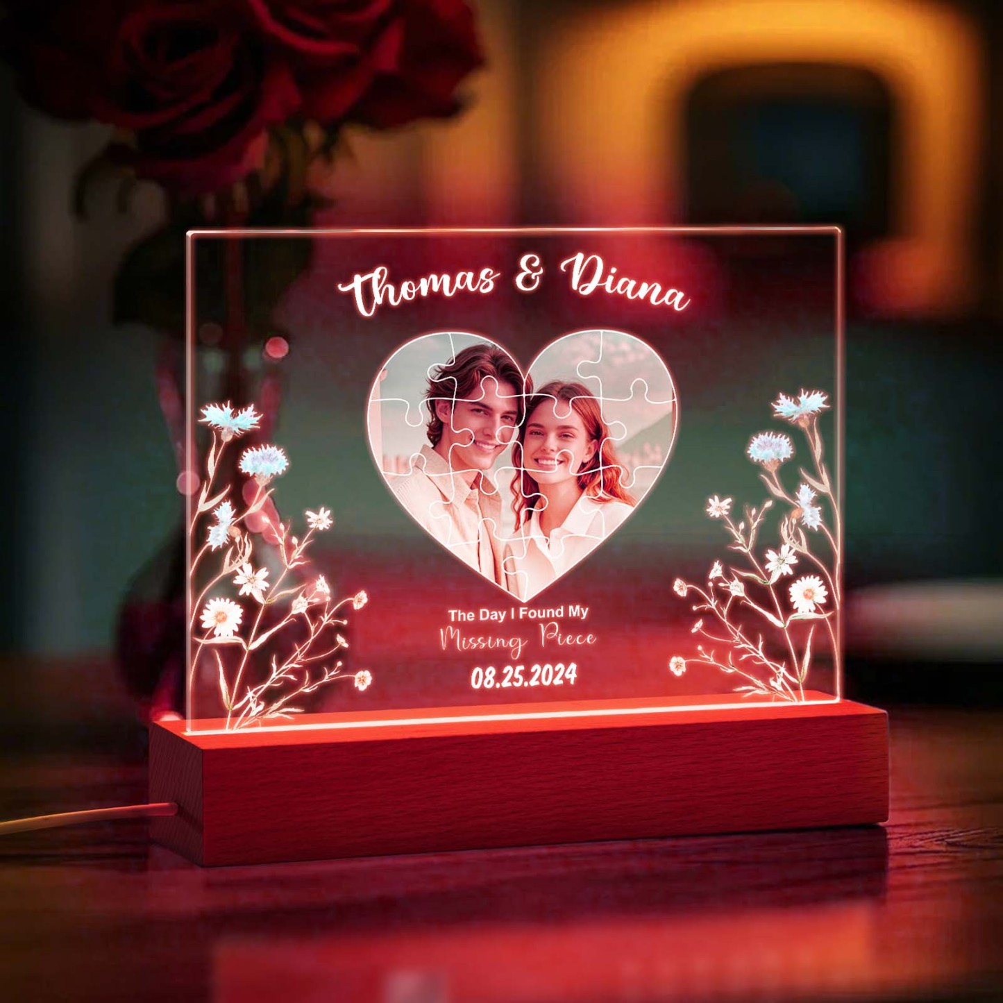Personalized Found My Missing Piece Night Light Custom Photo Flowers of Love Acrylic Decor Couples Gifts