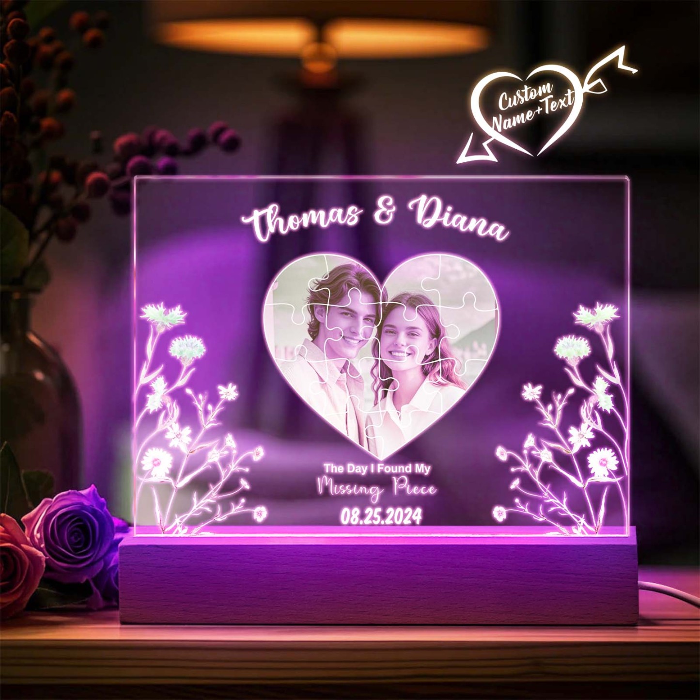 Personalized Found My Missing Piece Night Light Custom Photo Flowers of Love Acrylic Decor Couples Gifts