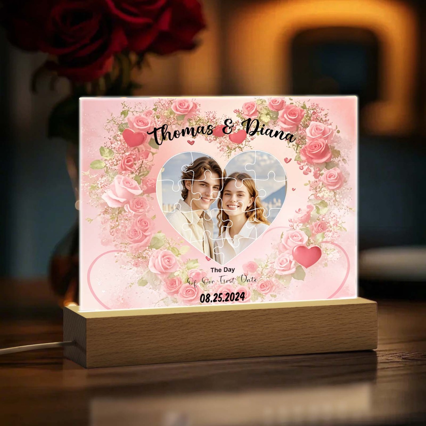 Personalized Found My Missing Piece Night Light Custom Photo Romantic Flowers Acrylic Decor Couples Gifts