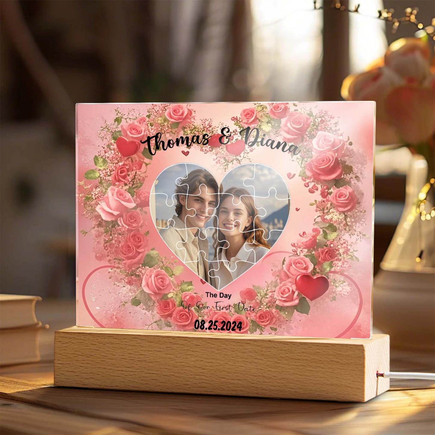 Personalized Found My Missing Piece Night Light Custom Photo Romantic Flowers Acrylic Decor Couples Gifts