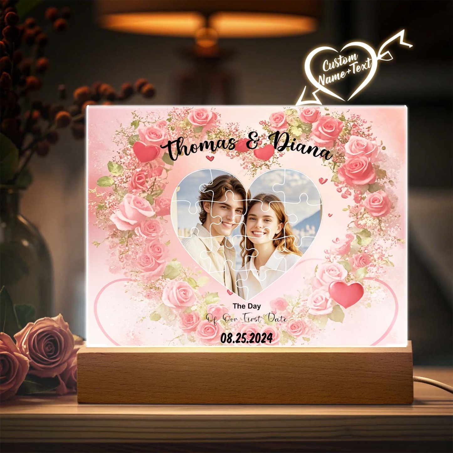 Personalized Found My Missing Piece Night Light Custom Photo Romantic Flowers Acrylic Decor Couples Gifts