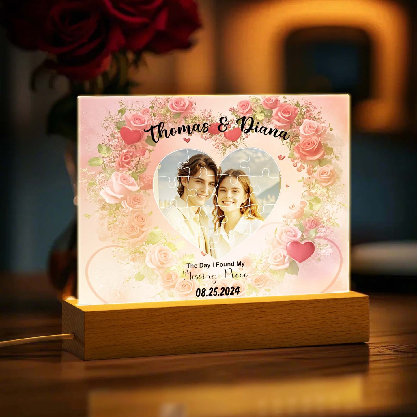 Personalized Found My Missing Piece Night Light Custom Photo Romantic Flowers Acrylic Decor Couples Gifts