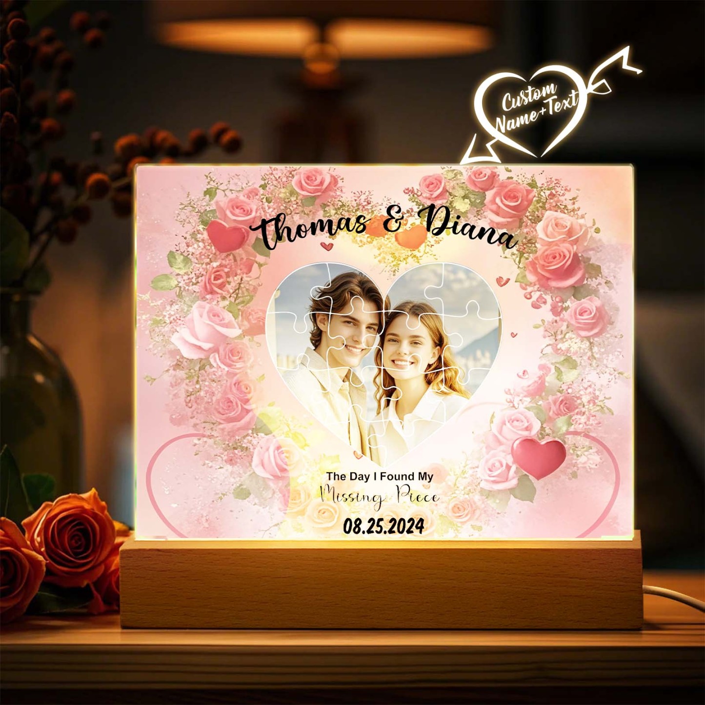 Personalized Found My Missing Piece Night Light Custom Photo Romantic Flowers Acrylic Decor Couples Gifts