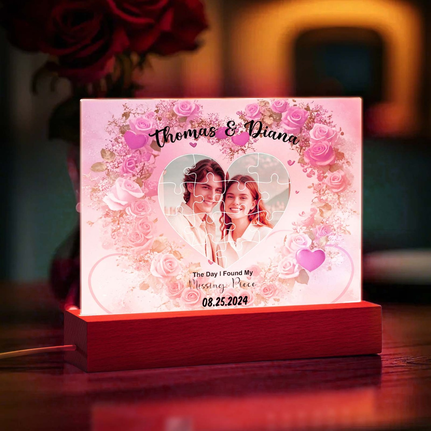 Personalized Found My Missing Piece Night Light Custom Photo Romantic Flowers Acrylic Decor Couples Gifts