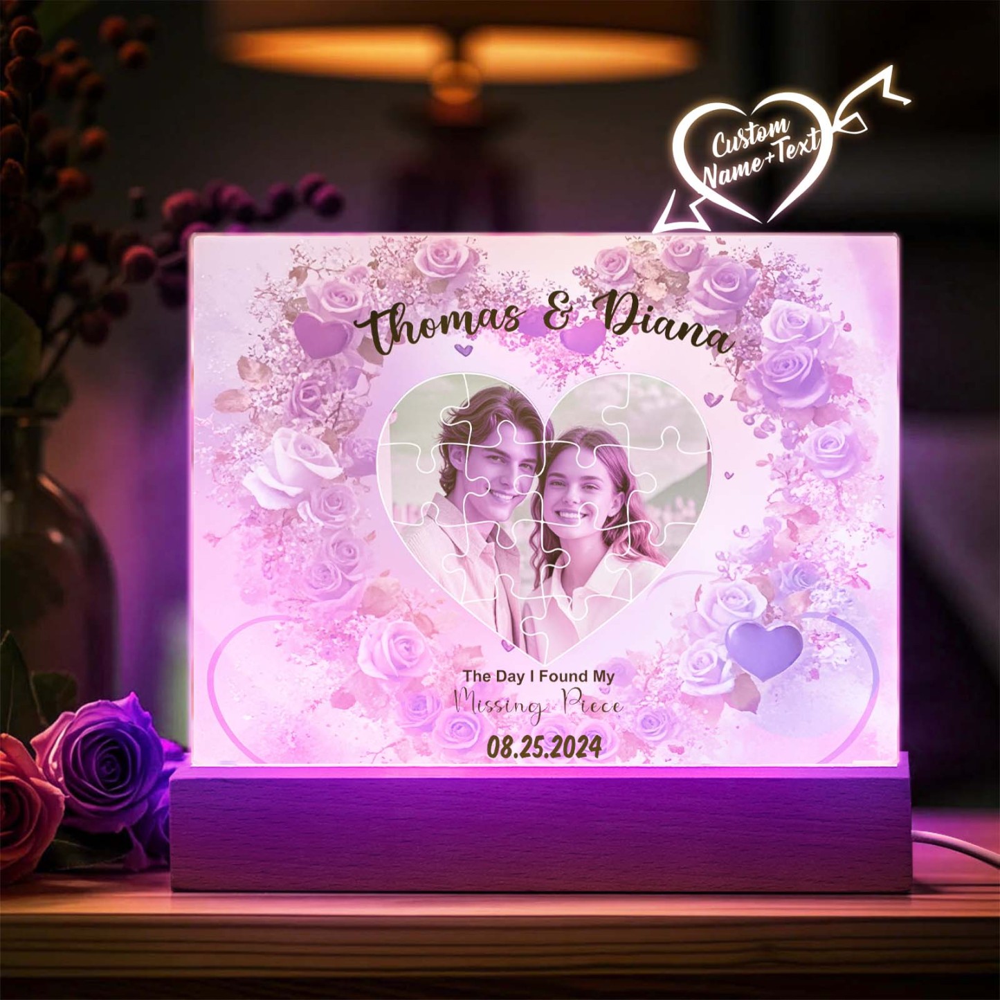 Personalized Found My Missing Piece Night Light Custom Photo Romantic Flowers Acrylic Decor Couples Gifts