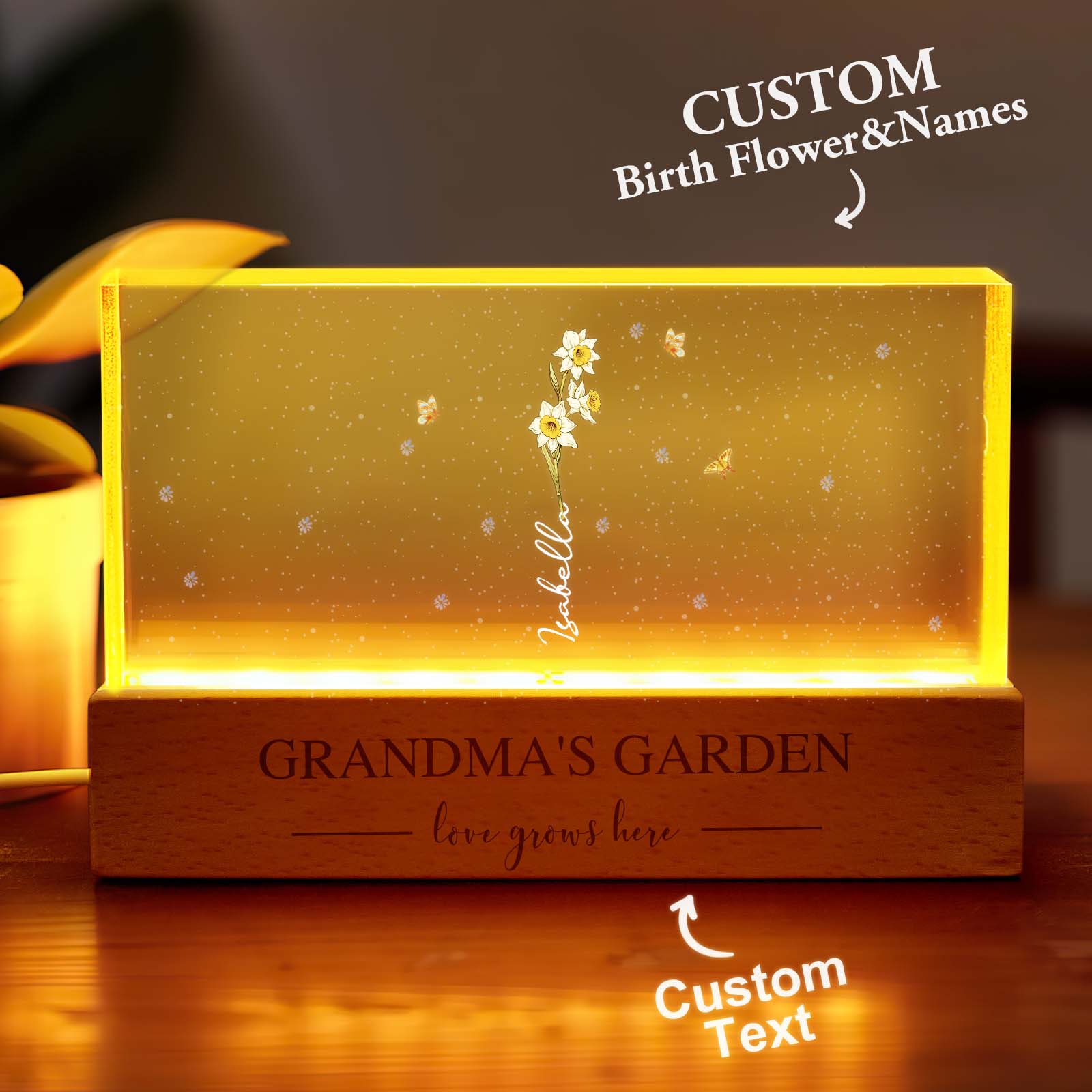 Grandma's Garden Birth Month Flowers Personalized Acrylic Block LED Night Light, A Heartfelt Gift for Grandma's Birthday, Mother's Day, or Just Because