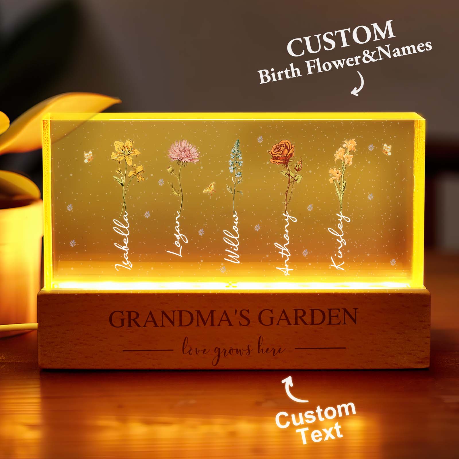 Grandma's Garden Birth Month Flowers Personalized Acrylic Block LED Night Light, A Heartfelt Gift for Grandma's Birthday, Mother's Day, or Just Because