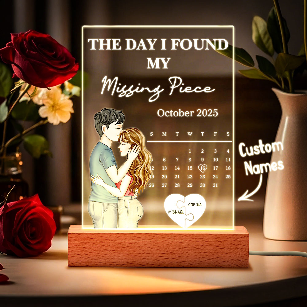 The Day I Found My Missing Piece Kissing Couples Calendar - Personalized 3D Led Light Wooden Base