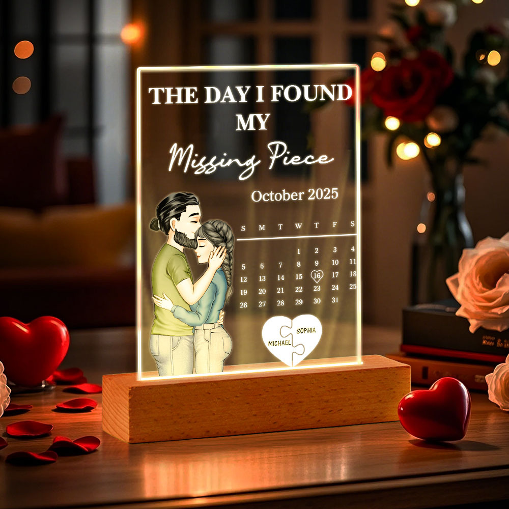 The Day I Found My Missing Piece Kissing Couples Calendar - Personalized 3D Led Light Wooden Base