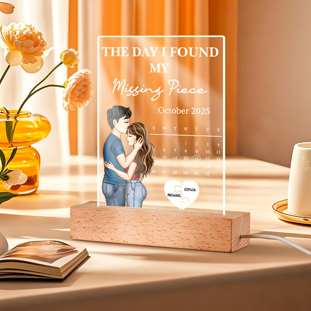 The Day I Found My Missing Piece Kissing Couples Calendar - Personalized 3D Led Light Wooden Base