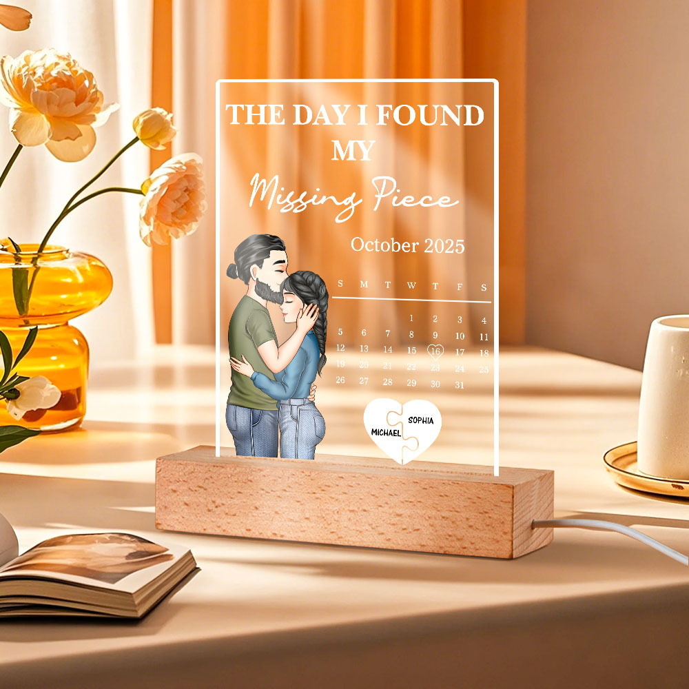 The Day I Found My Missing Piece Kissing Couples Calendar - Personalized 3D Led Light Wooden Base