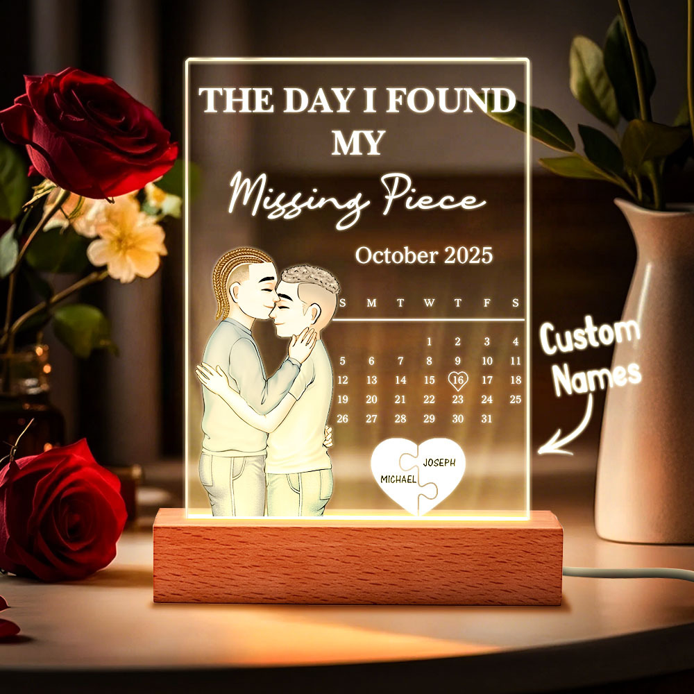 The Day I Found My Missing Piece Kissing Couples Calendar - Personalized 3D Led Light Wooden Base