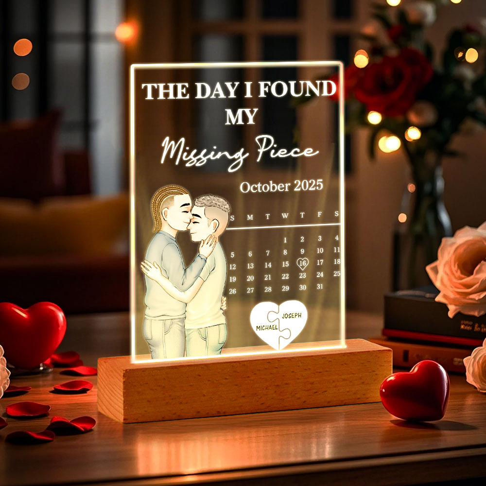 The Day I Found My Missing Piece Kissing Couples Calendar - Personalized 3D Led Light Wooden Base