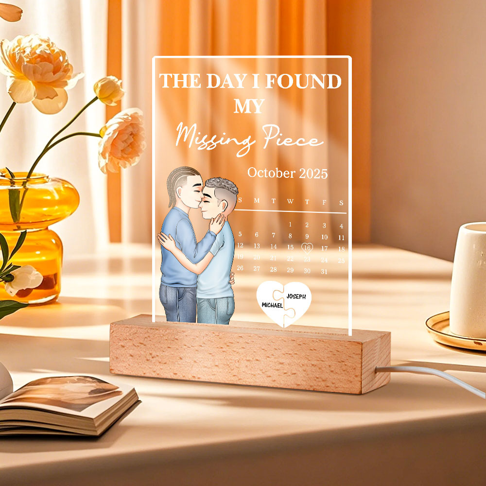 The Day I Found My Missing Piece Kissing Couples Calendar - Personalized 3D Led Light Wooden Base