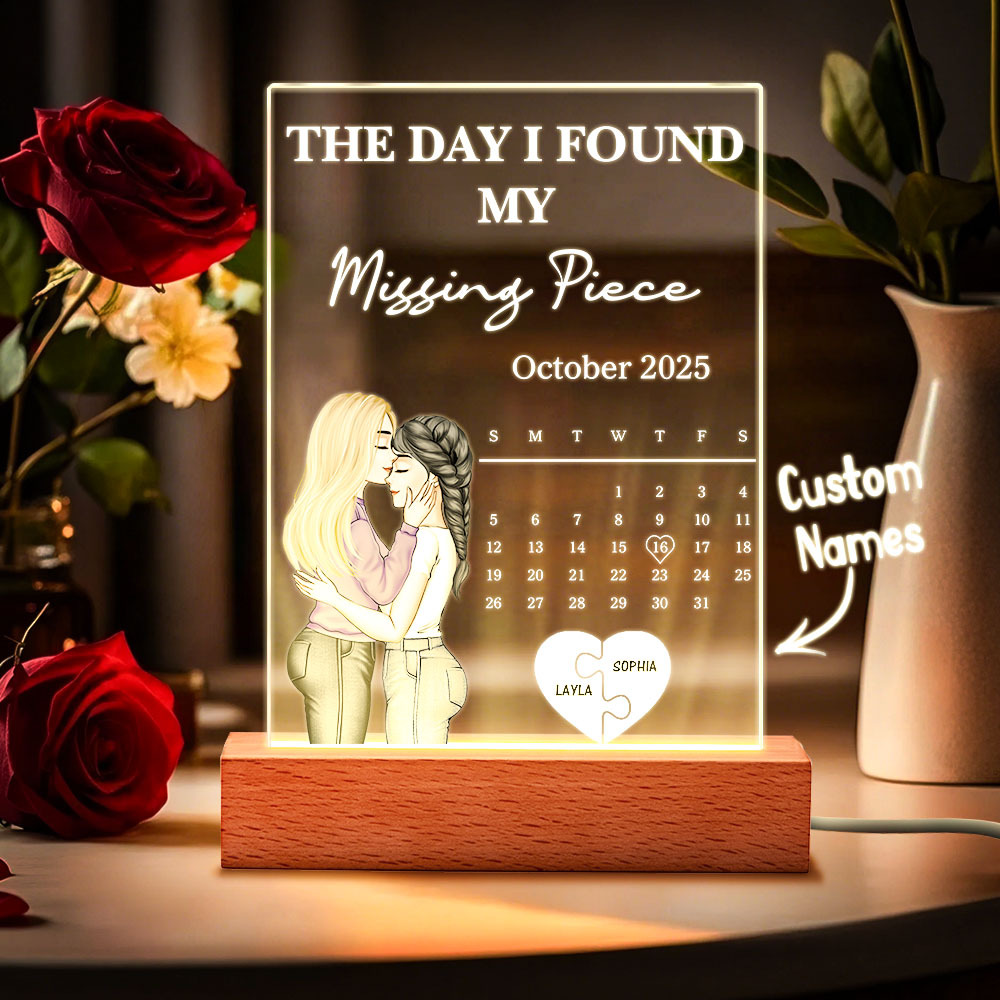 The Day I Found My Missing Piece Kissing Couples Calendar - Personalized 3D Led Light Wooden Base