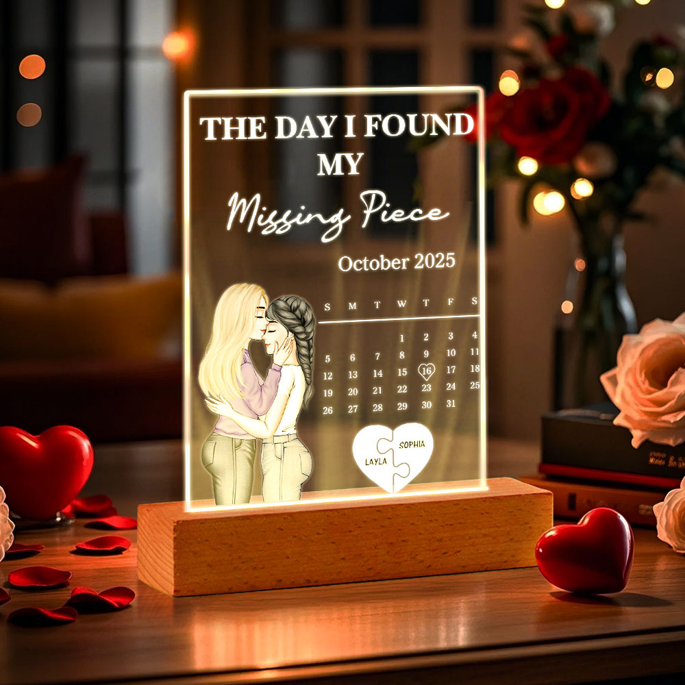 The Day I Found My Missing Piece Kissing Couples Calendar - Personalized 3D Led Light Wooden Base