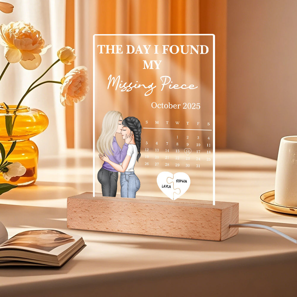 The Day I Found My Missing Piece Kissing Couples Calendar - Personalized 3D Led Light Wooden Base