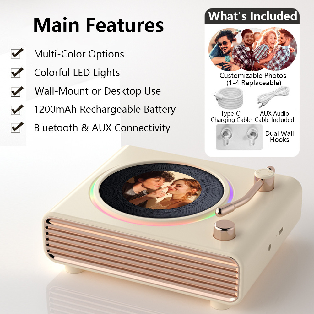 Custom Photo Retro Bluetooth Vinyl Records Player Speaker Personalized Photo Turntable Color Changing Light Wall Table Decor