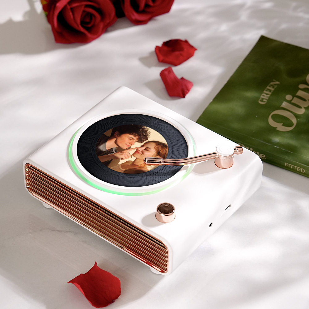 Custom Photo Retro Bluetooth Vinyl Records Player Speaker Personalized Photo Turntable Color Changing Light Wall Table Decor