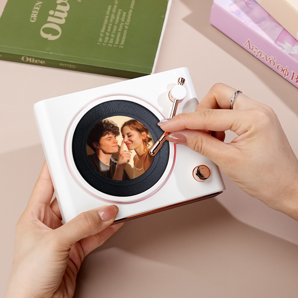 Custom Photo Retro Bluetooth Vinyl Records Player Speaker Personalized Photo Turntable Color Changing Light Wall Table Decor